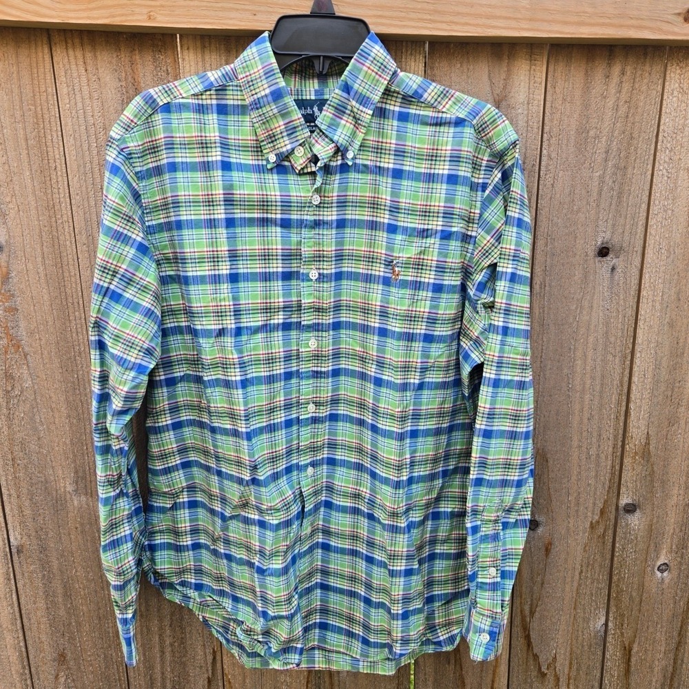 Ralph Lauren Mens Classic Fit Plaid Button Down Shirt Green Blue Yellow Large